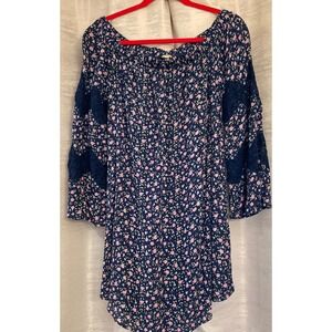 True Craft Floral Print Dress Womens L Off Shoulder 3/4 Sleeve Lace